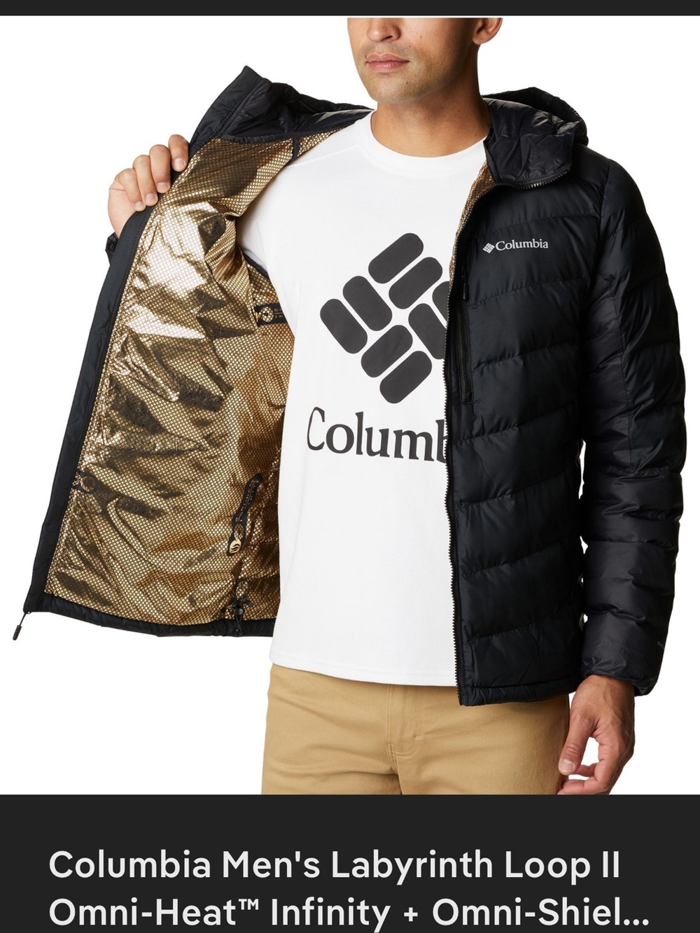 Columbia Black Hooded Puffer Jacket with Gold Lining